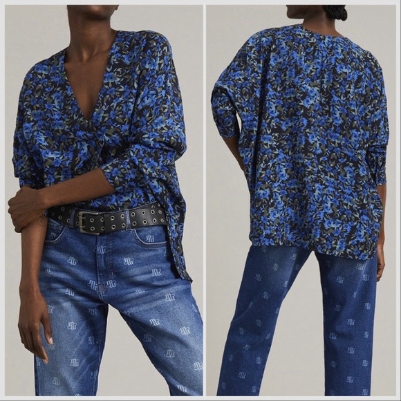 MUNTHE ALUNARIA TOP V neck long sleeve Blue Black floral-print blouse Sz 8 - Picture 1 of 16